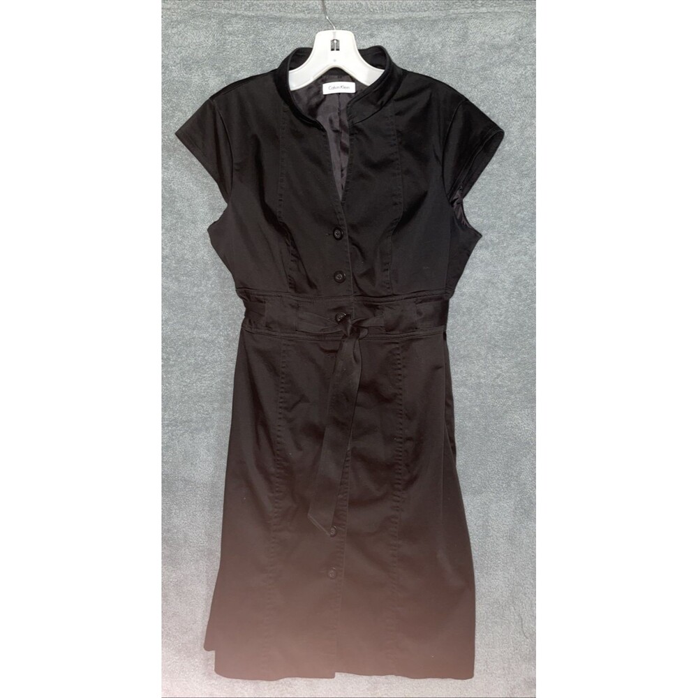 Calvin Klein Dress 12 Black Knee Length Shirt Belted Button Front‎ Lined Career